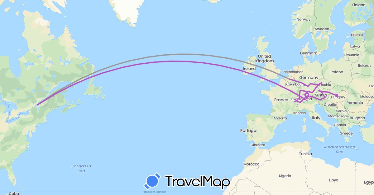TravelMap itinerary: driving, plane, train in Austria, Belgium, Canada, Switzerland, Czech Republic, Germany, France, Liechtenstein (Europe, North America)