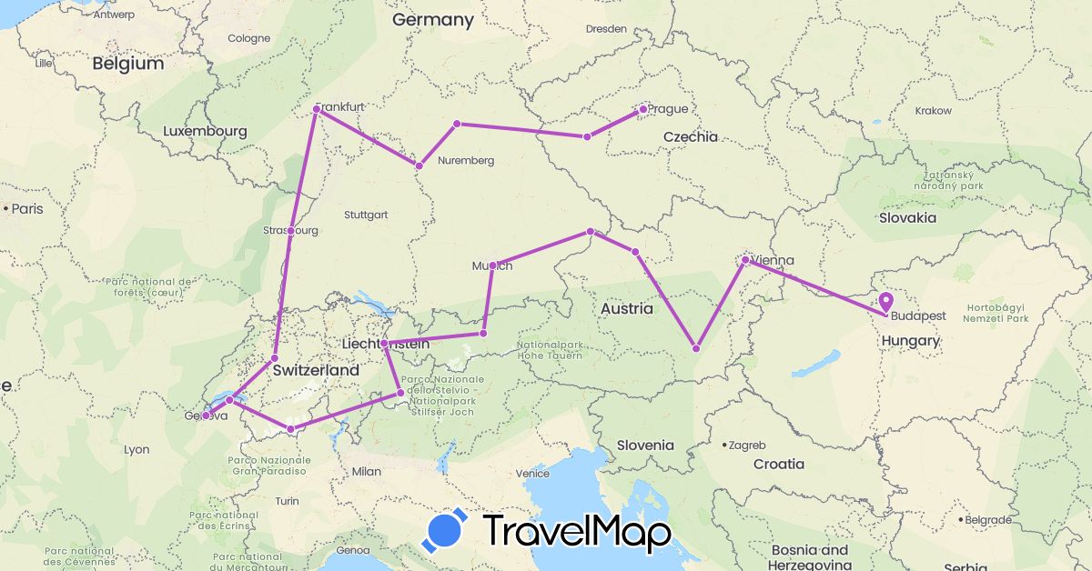 TravelMap itinerary: plane, train in Austria, Switzerland, Czech Republic, Germany, France, Hungary, Liechtenstein (Europe)